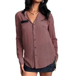 THEORY Button Shirt Women XL Silk Multi-Red Geo-Print Pocket Long-Slv “Rogene”